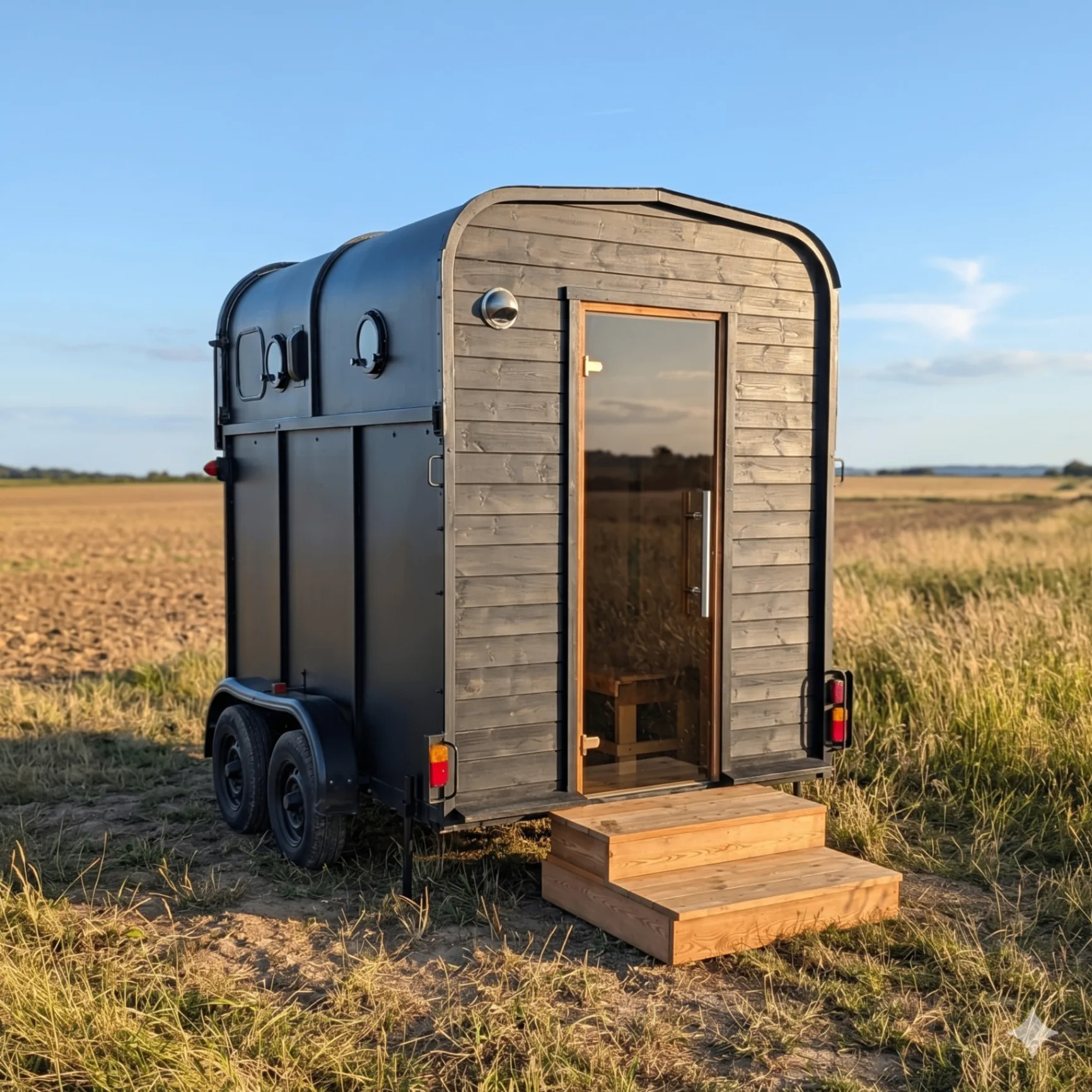 Mobile horsebox sauna parked in a field at golden hour