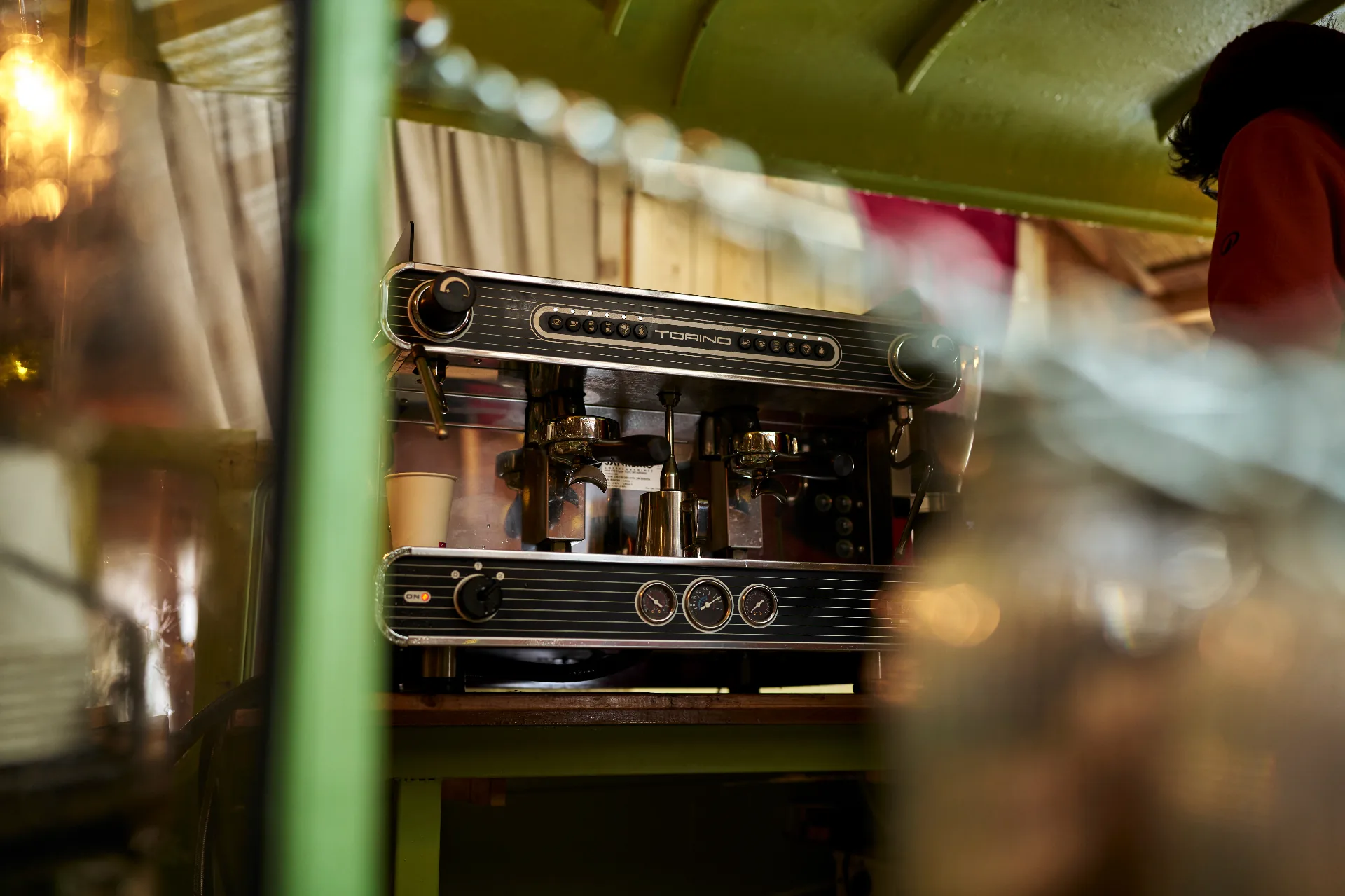 Vintage Sanremo Torino espresso machine on the green van bar